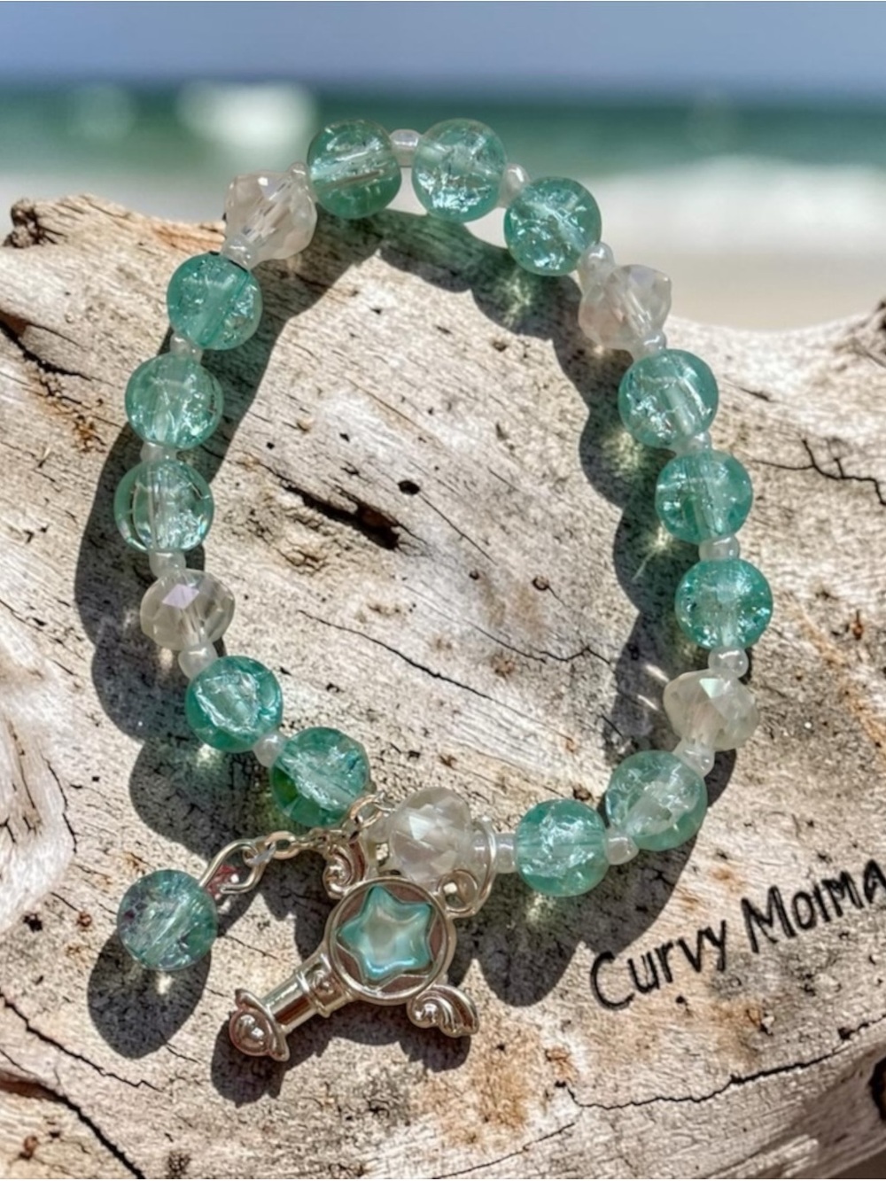 Teal Crackle Glass Beaded Stretch Bracelet Silver Star Wand Winged Key Charm